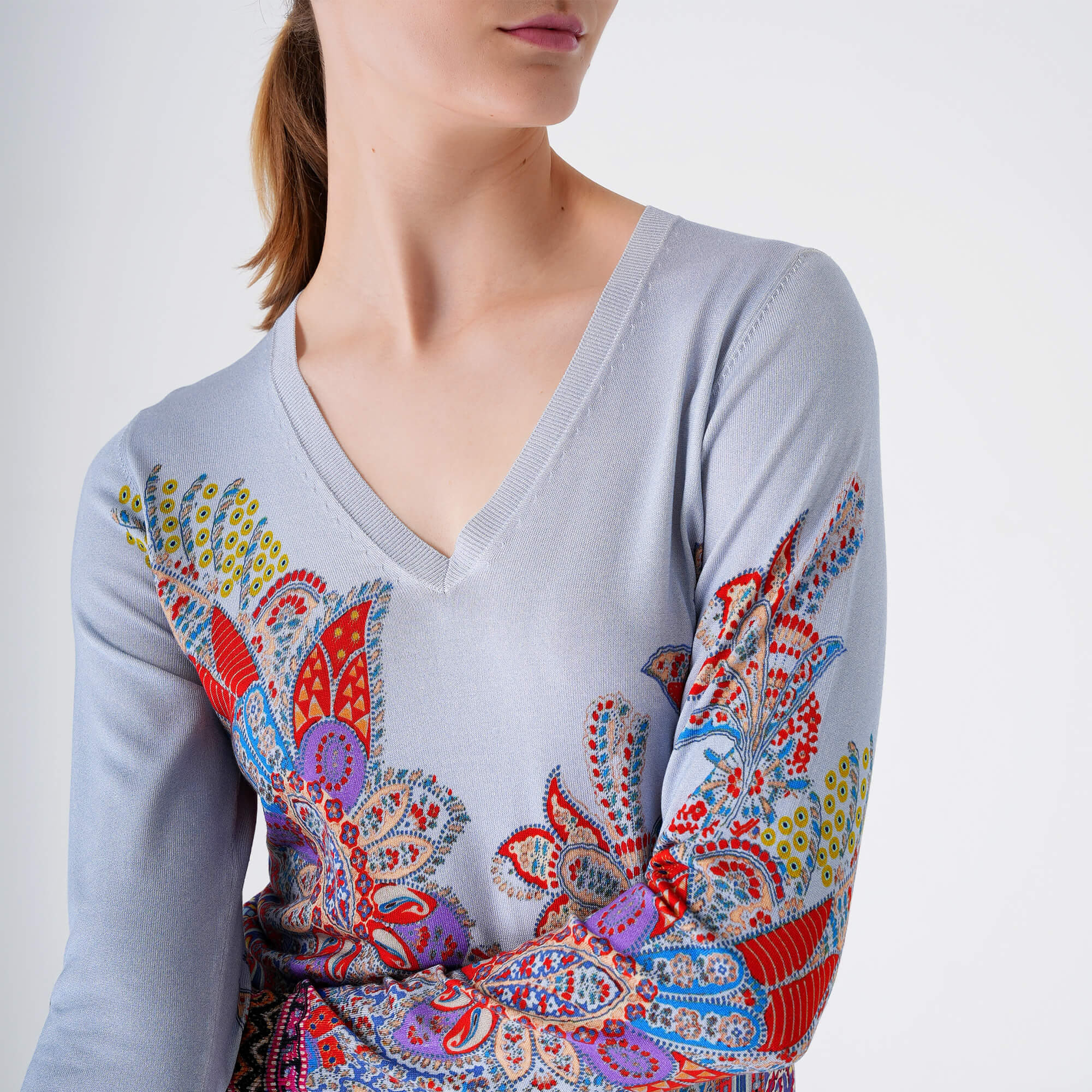 Etro - Blue Paisley Thin V Neck Sweater